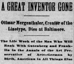 Mergenthaler page one obituary from 1899 Washington Times at Library of Congress